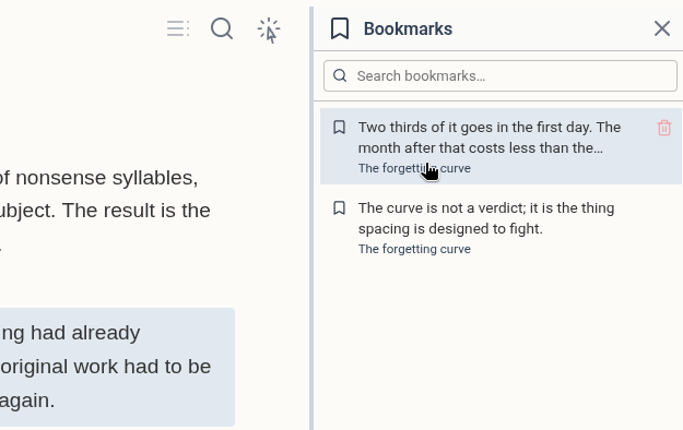 The bookmarks panel beside a note, listing the lines marked in it with the search box above them