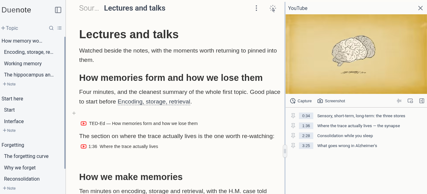 Duenote with a note open on the left and a YouTube video, with its captured moments, open in the right-hand panel
