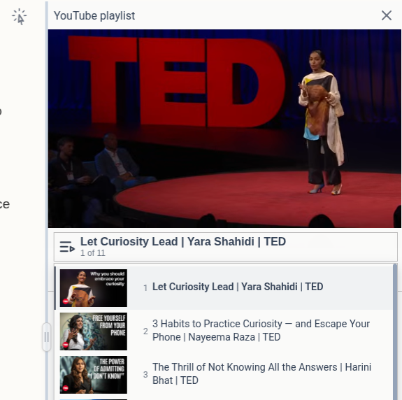A YouTube playlist open in the right panel beside a note, the current talk playing above the list of the other videos in it